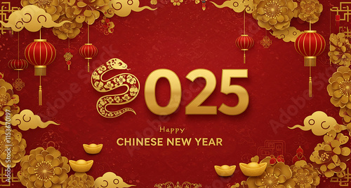 Happy Chinese new year 2025 background vector. Year of the snake design wallpaper with Chinese pattern, gold hanging lantern. Modern luxury oriental illustration for cover, banner, website, envelope.