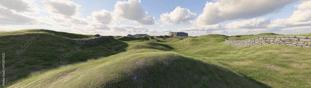 Obraz premium A serene landscape with rolling hills and stone structures under a cloudy sky.