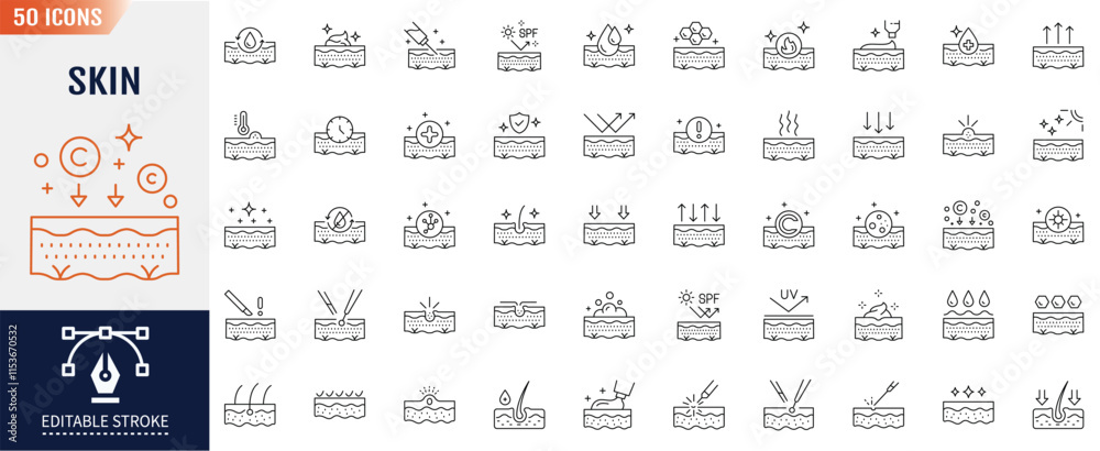 Skin Type line icon set. Editable stroke. hairy skin, normal skin, oily skin, spf, uv, and More. Vector illustration