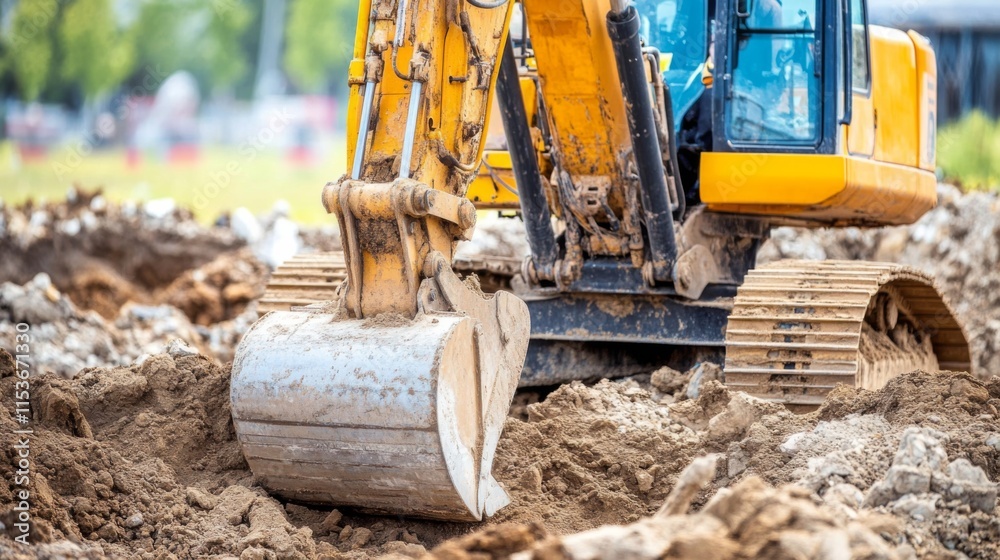 Fototapeta premium Excavator Digging in Vibrant Urban Space