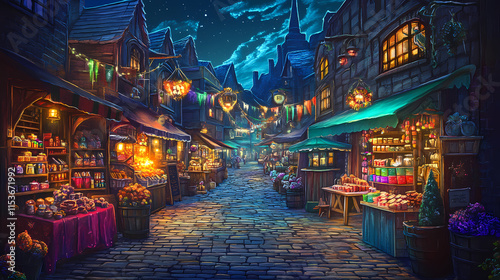 A vibrant market square illuminated by mystic frostfire, with quaint stalls selling wildlifeinspired network business logos,. Frostfire. Illustration photo