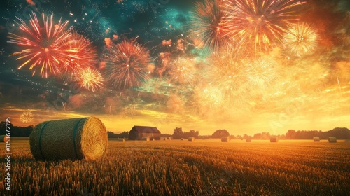 A picturesque landscape featuring a hay bale, a farm, and vibrant fireworks lighting up the evening sky.