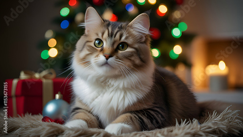 A fluffy, adorable kitty wearing a red Christmas hat with white fur trim, sitting under a decorated Christmas tree with colorful lights and presents around it.