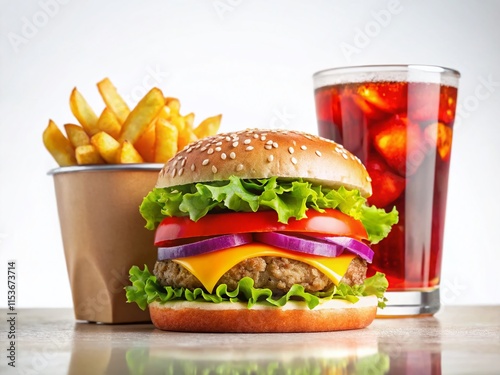 Delicious Burger, Fries, and Drink Close-up photo