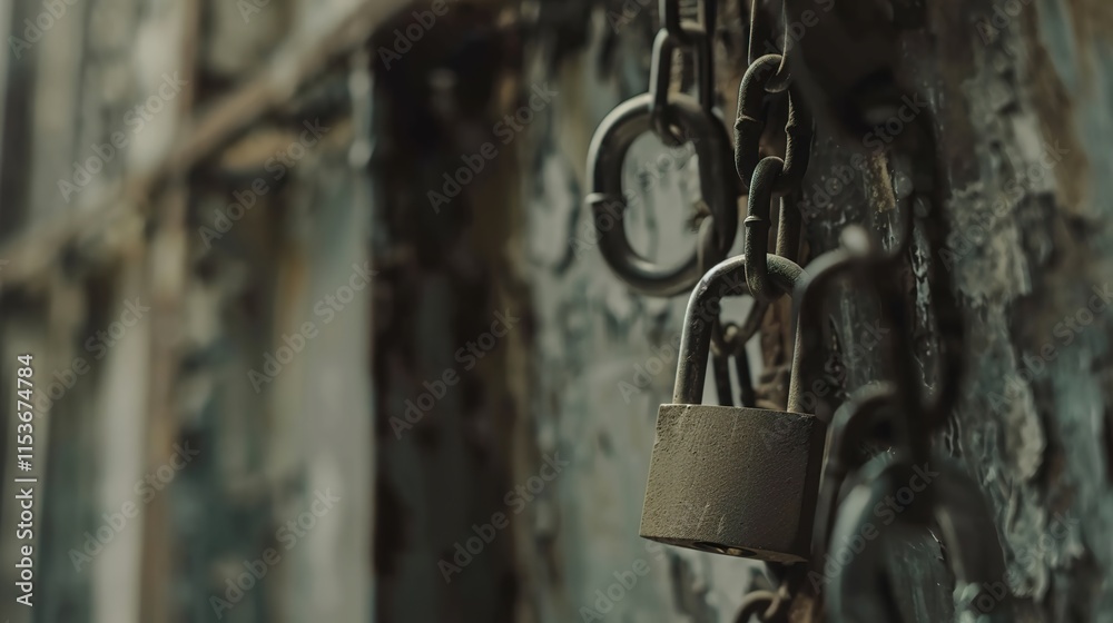 Close-up of a rusty padlock on a metal chain symbolizing security and weapon prohibition, set against a concrete wall background. Close-up of a rusty padlock on a metal chain symbolizing security and weapon prohibition, set against a concrete wall background.