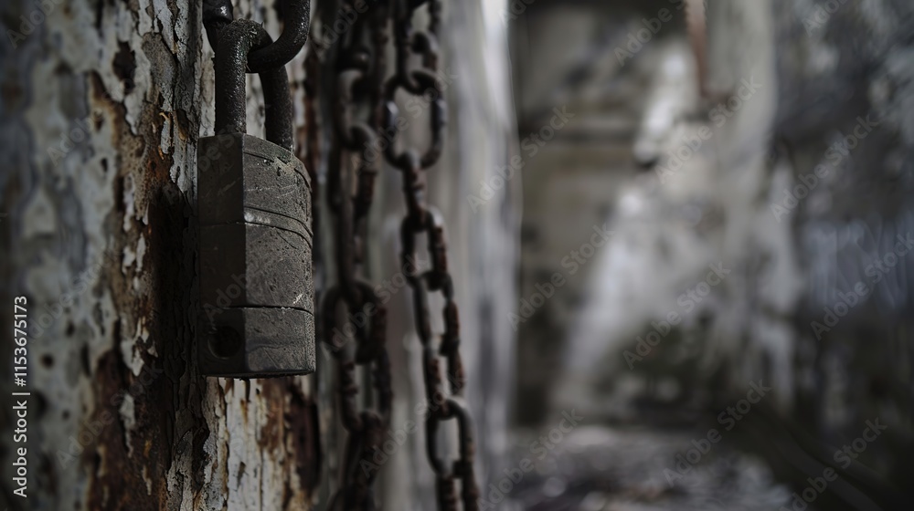 Close-up of a rusty padlock on a metal chain symbolizing security and weapon prohibition, set against a concrete wall background. Close-up of a rusty padlock on a metal chain symbolizing security and weapon prohibition, set against a concrete wall background.