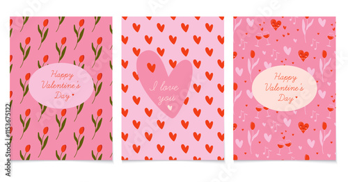 Valentine's Day cards set. Charming prints showcase messages of love. Cute ornate background with frame. Colorful vector illustrations, perfect for any occasion.

