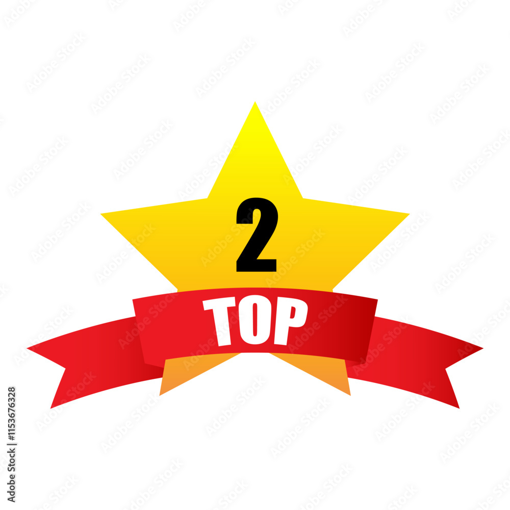Yellow star icon. Number two and 2 badge. Bright red ribbon. Vector symbol. Yellow star icon. Number two and 2 badge. Bright red ribbon. Vector symbol.