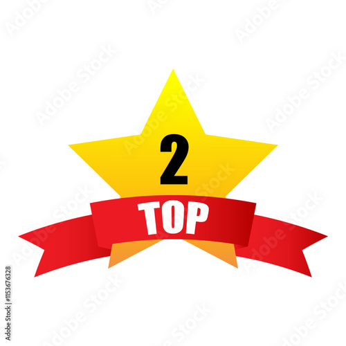 Yellow star icon. Number two and 2 badge. Bright red ribbon. Vector symbol.