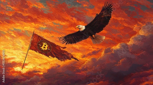 A bald eagle flying with a Bitcoin flag against a fiery sunset sky, symbolizing freedom, digital currency, and financial independence. AI generated. photo