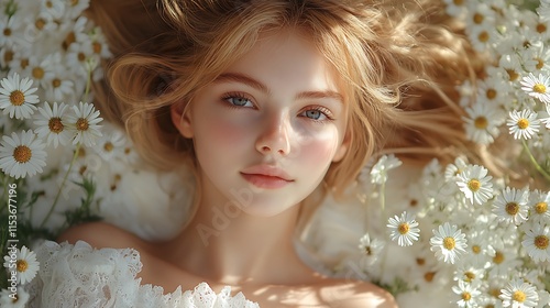 Blond girl among daisies, ethereal beauty in a field of flowers, sunlight illuminating her face and hair, soft focus, dreamy atmosphere. photo