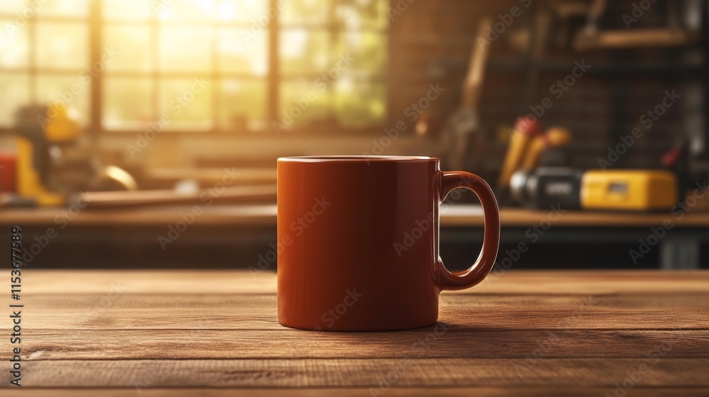 Fototapeta premium Mug Mockup on Wooden Workbench. Generative AI