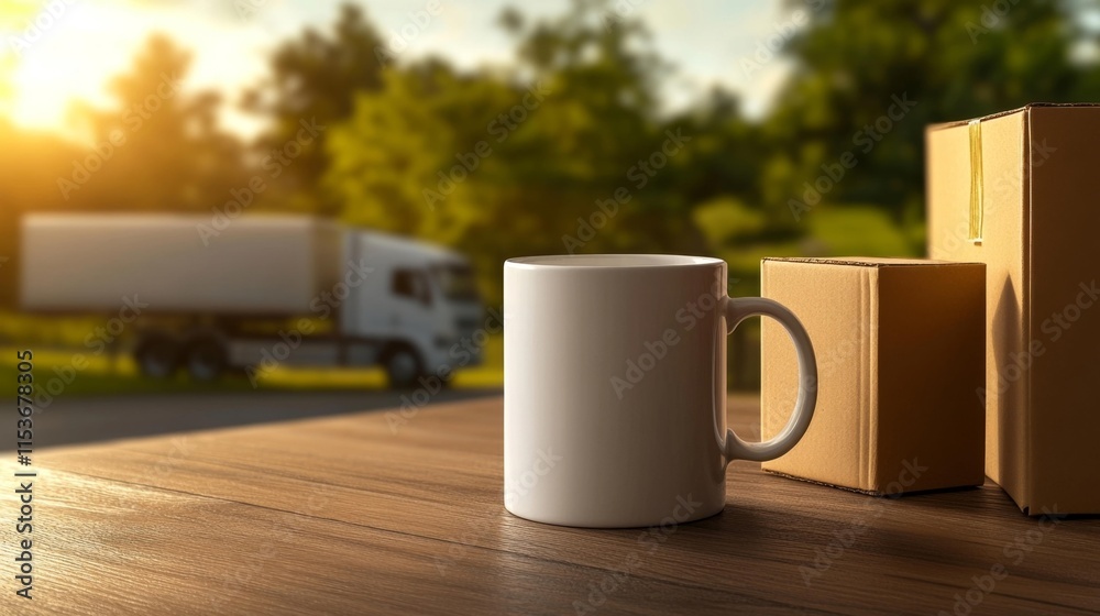 Obraz premium Mug Mockup in a Moving Scene with Packing Materials. Generative AI
