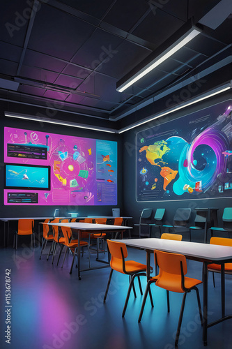 A futuristic classroom with sleek, modern design, large interactive screens displaying dynamic visualizations and holographic projections. Vibrant colors, cool chairs create an engaging environment.