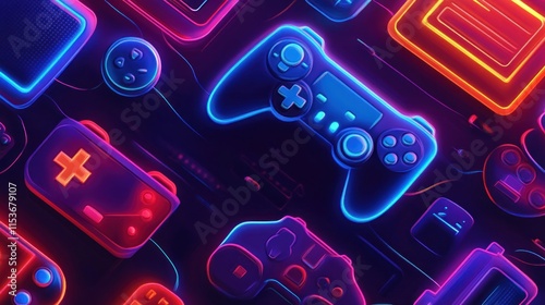 A vibrant arrangement of retro and modern gaming controllers illuminated with neon colors, showcasing the evolution of gaming technology. photo