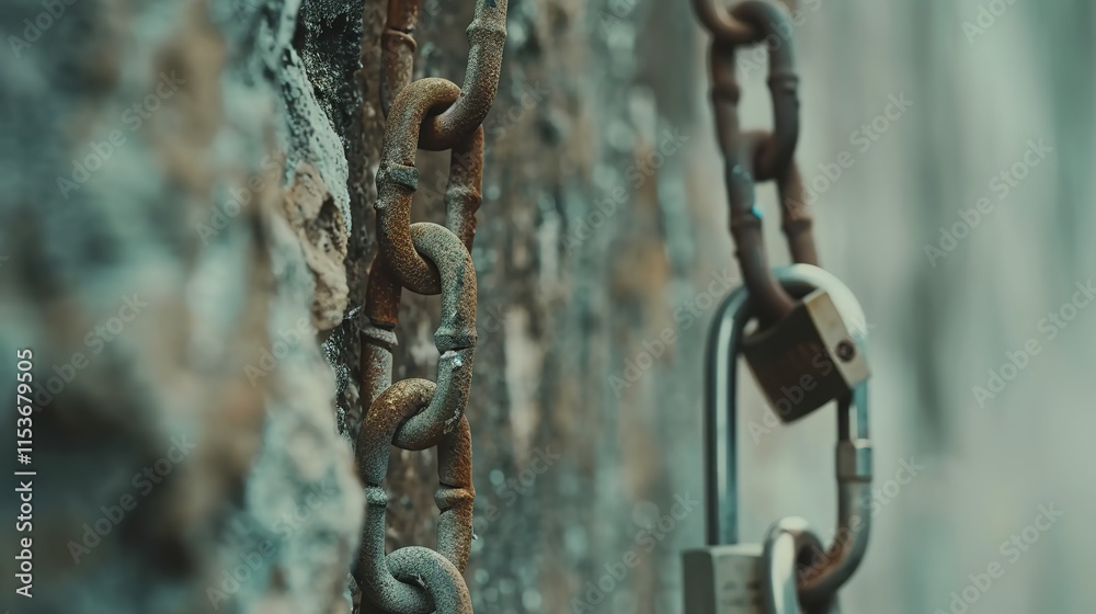 Close-up of a rusty padlock on a metal chain symbolizing security and weapon prohibition, set against a concrete wall background. Close-up of a rusty padlock on a metal chain symbolizing security and weapon prohibition, set against a concrete wall background.