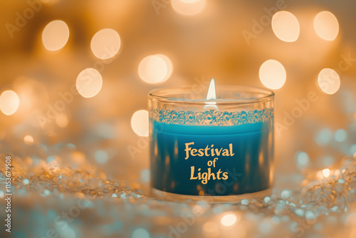 A beautiful image with the text 'Festival of Lights' in elegant, glowing letters, set against a golden blue background with soft, shimmering light effects, symbolizing the warmth and joy of Hanukkah.