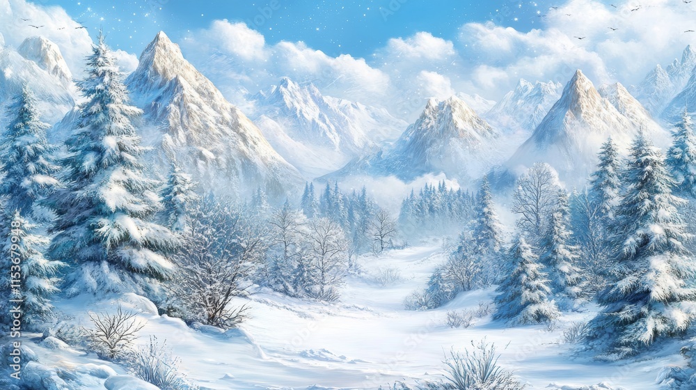 Snowy mountains and trees in a serene winter landscape. Snowy mountains and trees in a serene winter landscape.