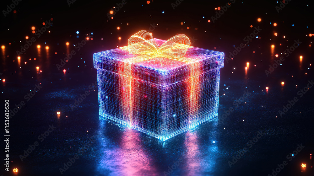 Spinning holographic wireframe gift box in motion on a deep, mysterious background