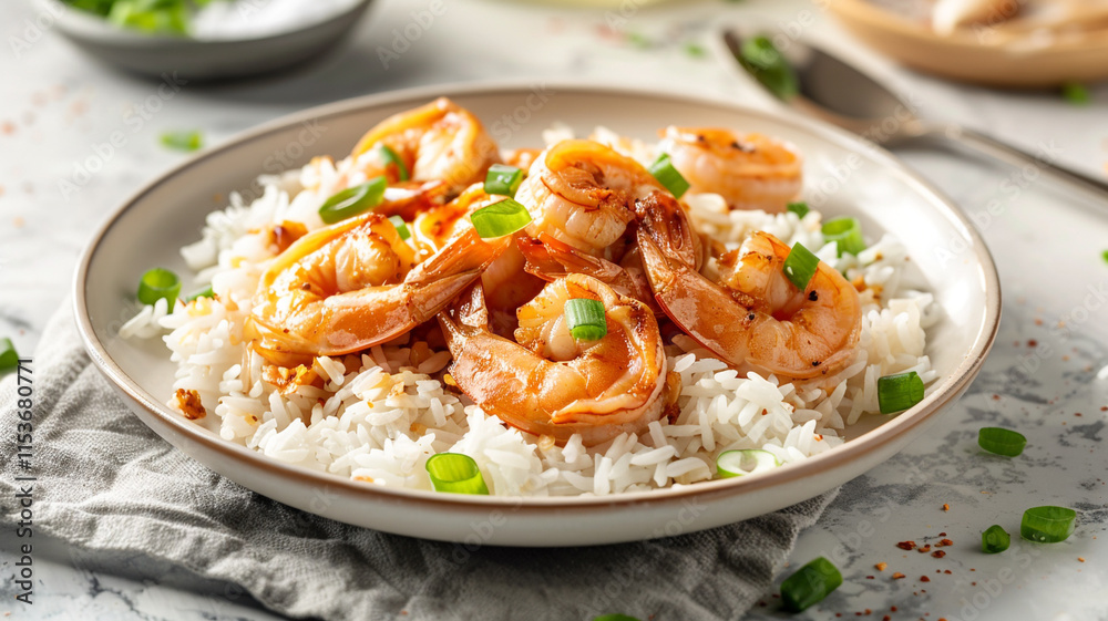 A savory plate of garlic shrimp served over a bed of aromatic jasmine rice, finished with a sprinkle of green onions for a burst of flavor A savory plate of garlic shrimp served over a bed of aromatic jasmine rice, finished with a sprinkle of green onions for a burst of flavor