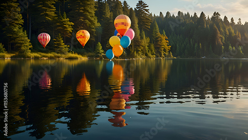 A sky full of bright, shiny balloons with a soft golden glow, as they float above a calm lake surrounded by lush forests