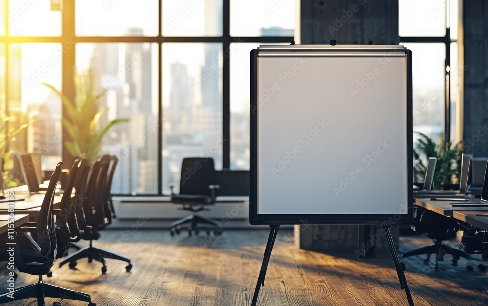 A modern work environment showcasing a blank flip chart, positioned near large windows with sunlight casting dramatic shadows, surrounded by black swivel chairs A modern work environment showcasing a blank flip chart, positioned near large windows with sunlight casting dramatic shadows, surrounded by black swivel chairs