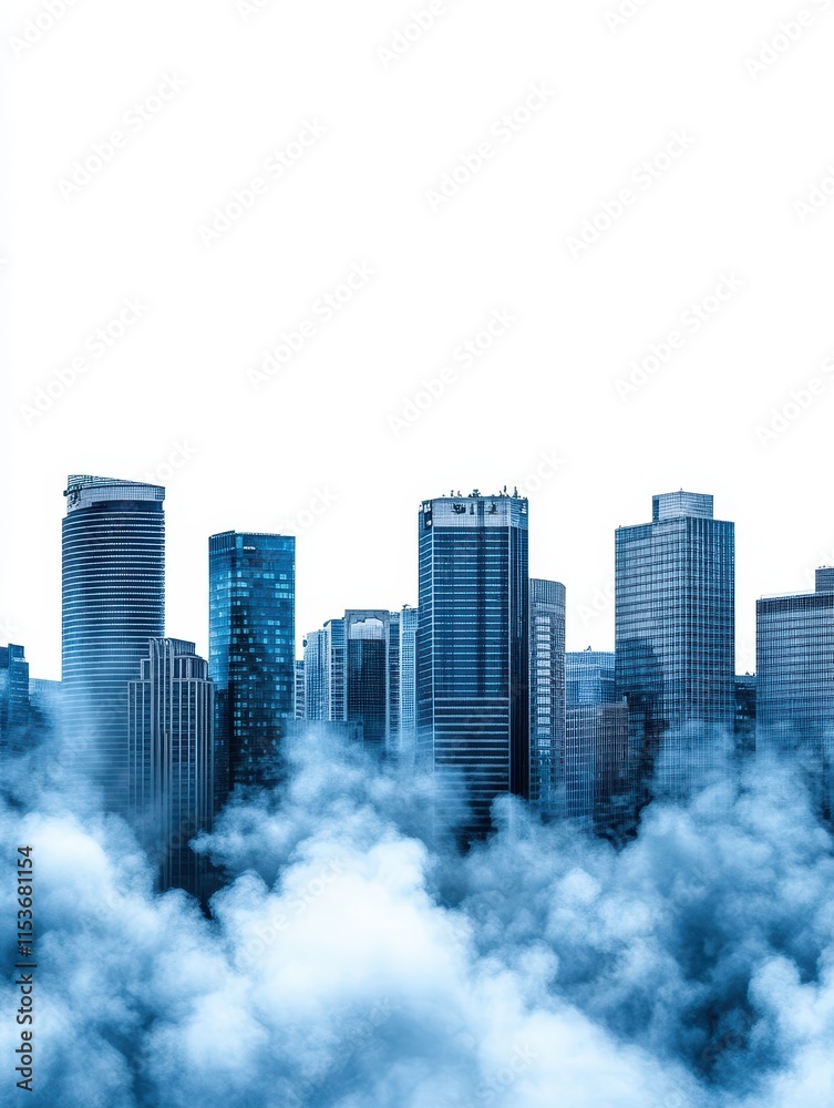 Obraz premium Urban Skyline with Clouds and Fog in Blue Tone Aesthetic