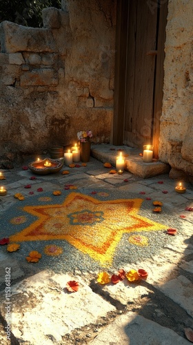 A vibrant rangoli design with candles and flower petals near a rustic door. photo