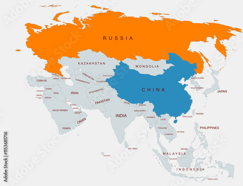 A detailed illustration of Asia showing country borders with Russia highlighted and china,emphasizing regional geographical differentiation