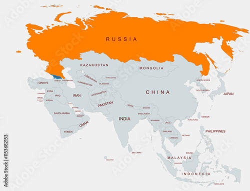 A detailed illustration of Asia showing country borders with Russia highlighted and gorgia,emphasizing regional geographical differentiation photo