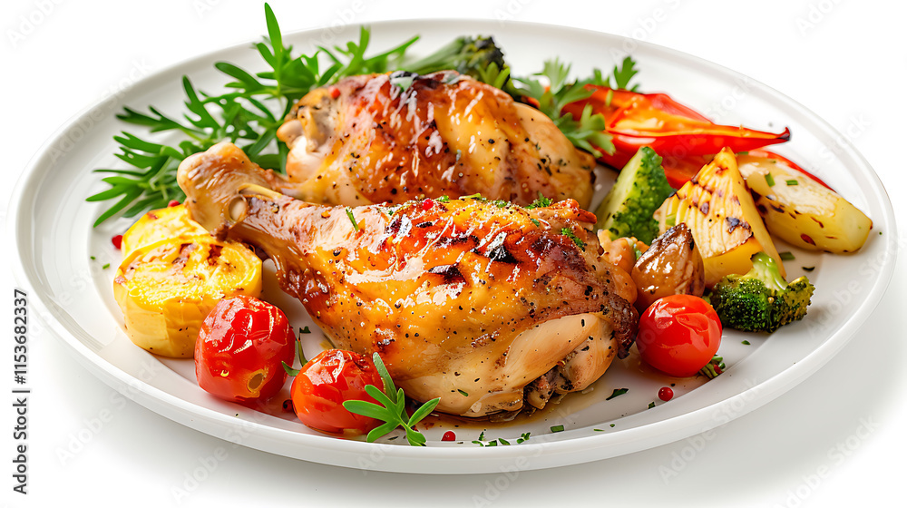 Roasted Chicken Leg with Vegetables on White Plate Roasted Chicken Leg with Vegetables on White Plate