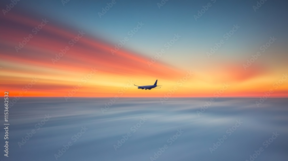 Fototapeta premium Airplane Soaring at Sunset Vibrant Colors, Travel, and Transportation, Cinematic Background