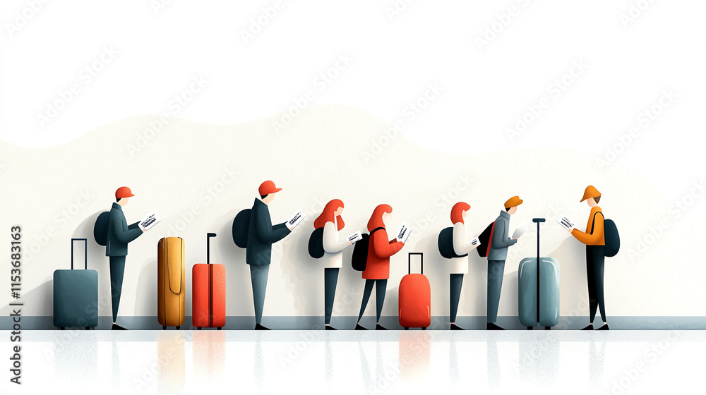 Obraz premium Travelers waiting in line at boarding gate with luggage and devices