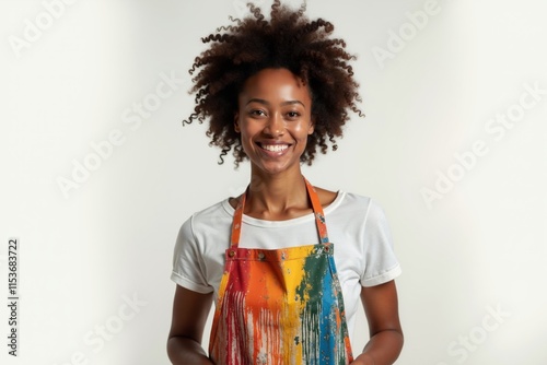 Creative artist wearing a colorful paint-splattered apron smiles brightly while showcasing her passion for painting in a bright studio setting photo