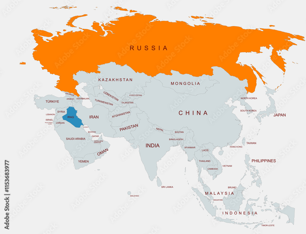 Fototapeta premium A detailed illustration of Asia showing country borders with Russia highlighted and iraq,emphasizing regional geographical differentiation
