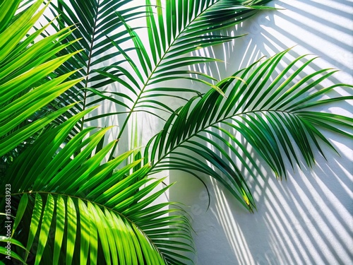 Lush Palm Leaves Shadow Play on White Wall - Minimalist AI Art