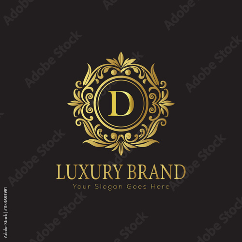 Letter D Luxury brand logo design with a royal gold crown emblem and elegant typography
 photo