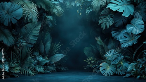 Lush tropical foliage surrounds a dark, moody, empty space.