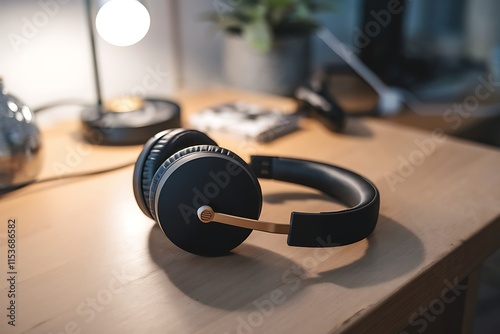 Black wireless overear headphones rest on a wooden desk near a lamp, magazine, and glasses. A cozy, productive workspace ambiance. photo