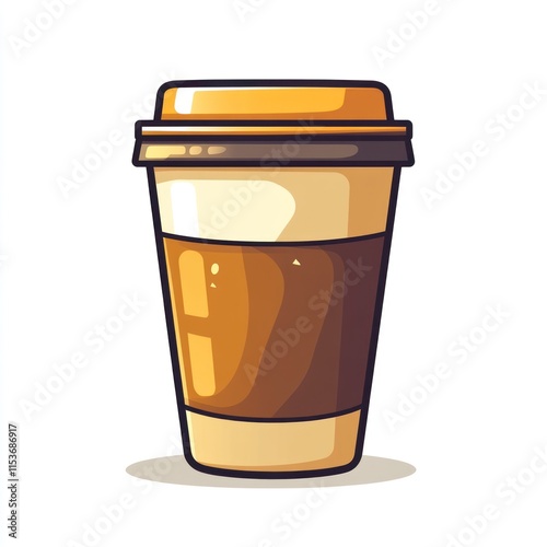 Cartoon illustration of a disposable coffee cup with a brown sleeve and orange lid. photo