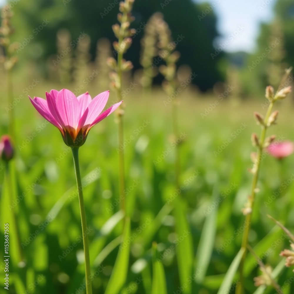 A delicate pink flower blooming amidst tall grass, foliage, blossom A delicate pink flower blooming amidst tall grass, foliage, blossom