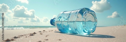 A giant water bottle rises from the sand like a mirage, dreamlike, shimmering photo