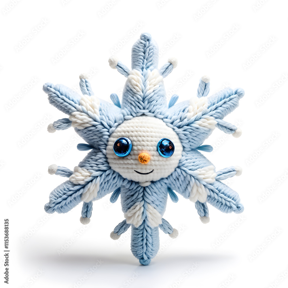 A knitted soft toy in the form of a kind fairy-tale snowflake, made of woolen threads in blue and white tones. White background. A knitted soft toy in the form of a kind fairy-tale snowflake, made of woolen threads in blue and white tones. White background.