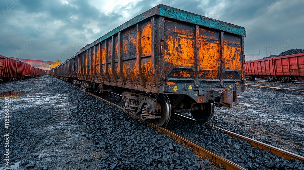 Rusty Train Cars Parked on Railroad Tracks. Rusty Train Cars Parked on Railroad Tracks.