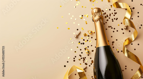 Champagne Bottle with Confetti and Ribbon