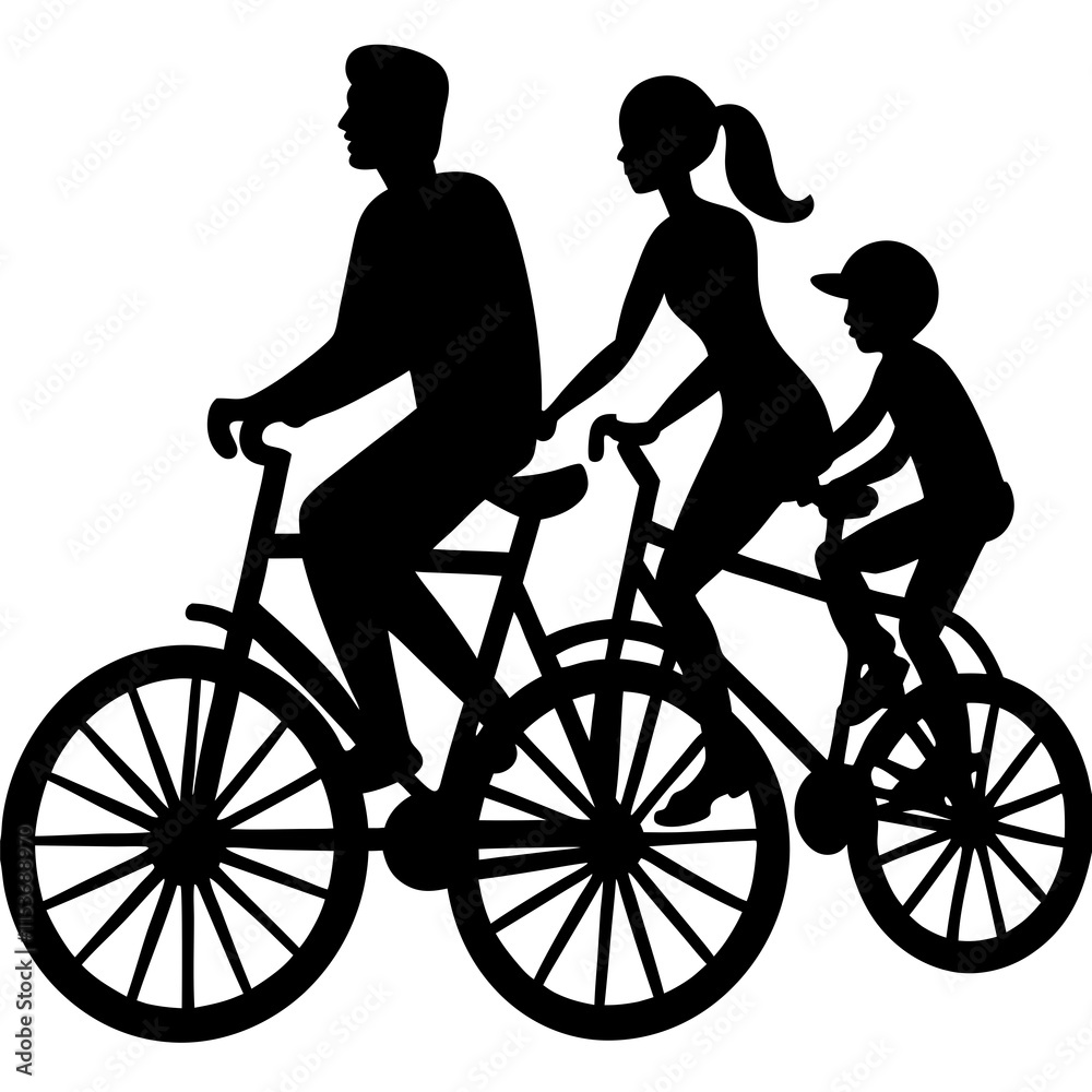 Family cycling silhouette vector illustration on white background Family cycling silhouette vector illustration on white background