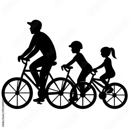 Family cycling silhouette on white background