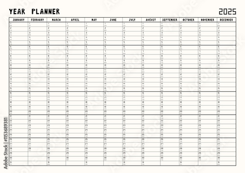 Calendar 2025 year planner template with cream background