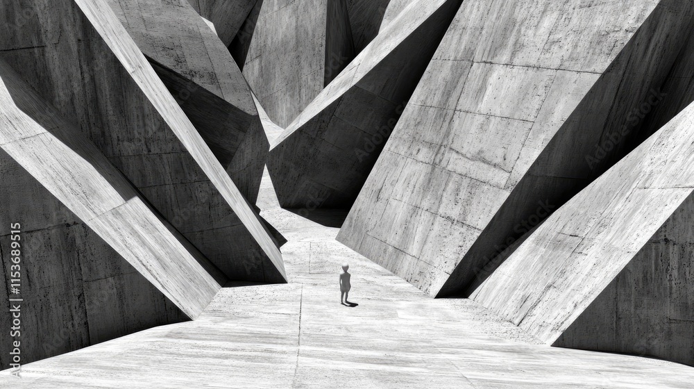 A solitary figure stands amidst angular concrete structures, evoking a sense of isolation. A solitary figure stands amidst angular concrete structures, evoking a sense of isolation.