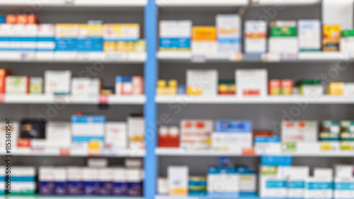 Wallpaper Mural Shelf in a pharmacy stocked with various medication boxes, with a focus on the packaging in the foreground and a blurred background Torontodigital.ca